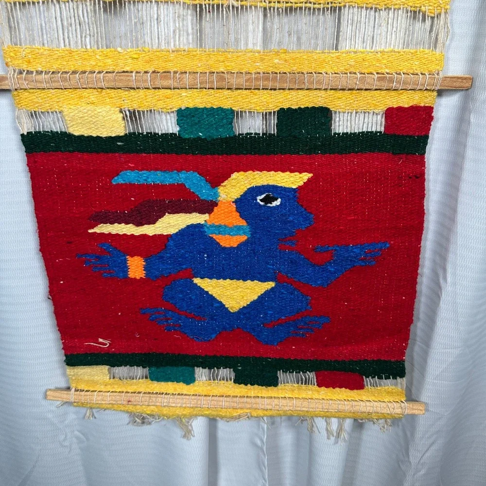 VTG Peruvian Handwoven Wool Wall Hanging Textile Art Pyramid Indigenous 48x15